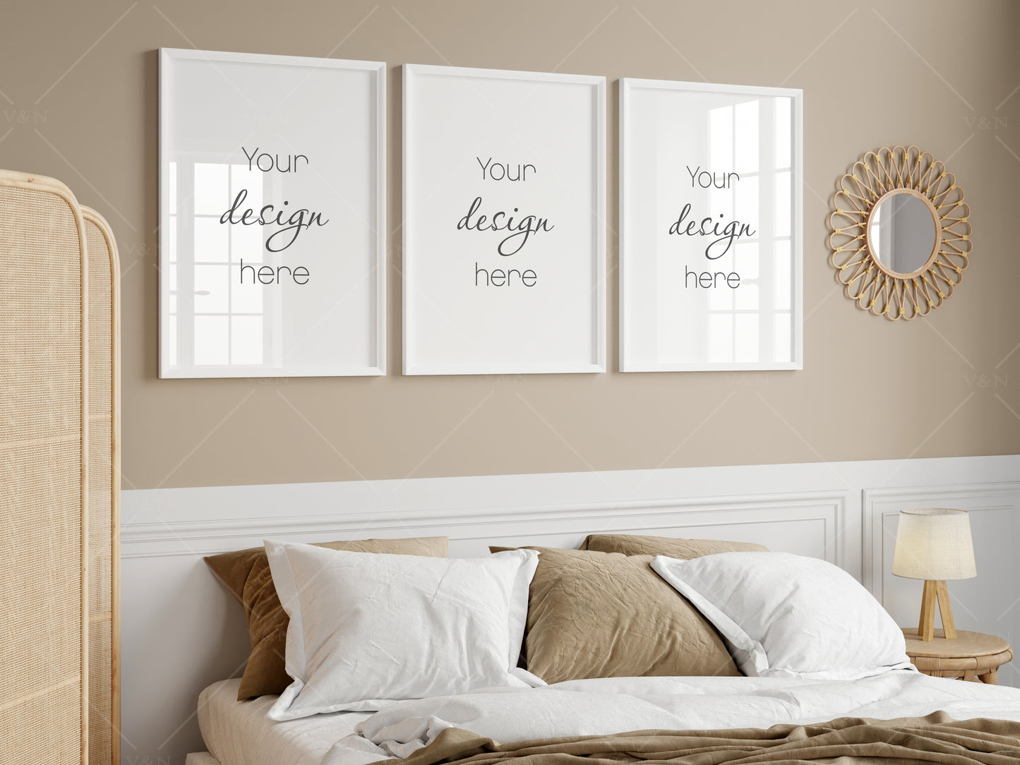 Gallery Frame Mockup in Bedroom Interior, Bedroom Frame Mockup, Poster Mockup, PSD JPG