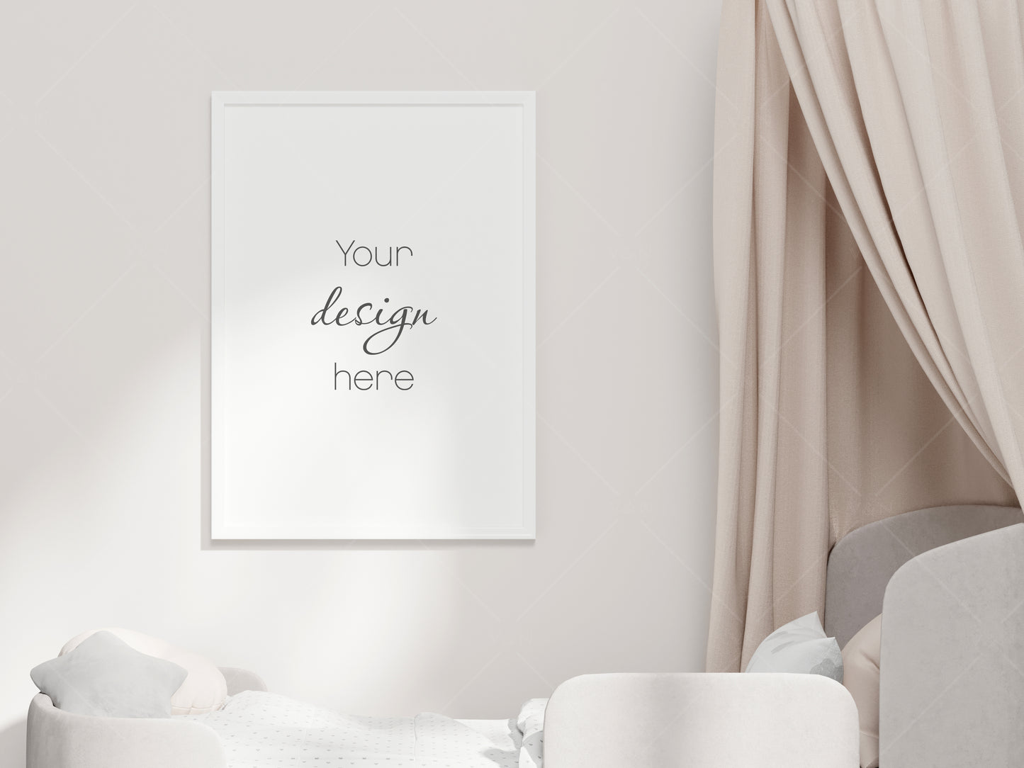 Kids Room Frame Mockup, Portrait Frame Nursery Interior Wall Mockup, Minimalist Nursery Frame Mockup