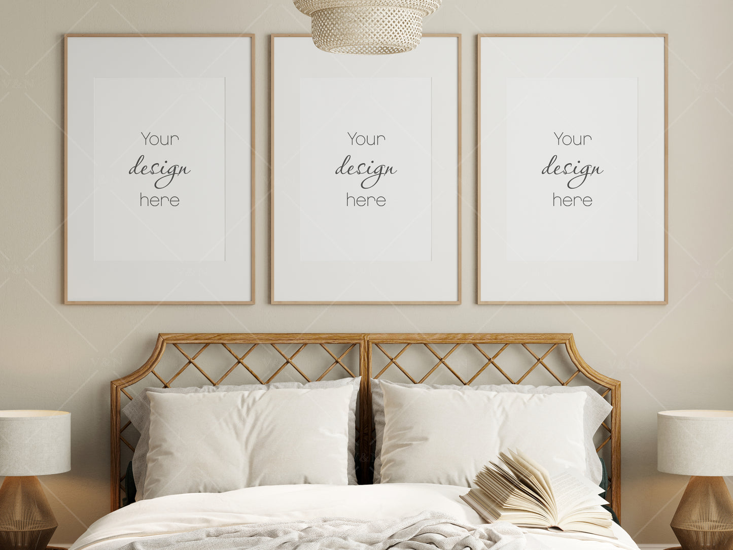 Frame Mockup in Boho Bedroom Interior, Poster Mockup, PSD JPG