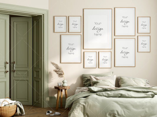 Frame Mockup Bedroom, Gallery Wall Mockup in Bedroom Interior, Poster Mockup, PSD JPG