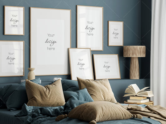 Gallery Wall Mockup in Bedroom Interior, Frame Mockup Bedroom, Poster Mockup, PSD JPG