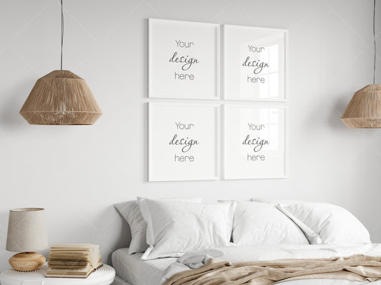 Gallery Frame Mockup in Boho Bedroom Interior, Poster Mockup, PSD JPG