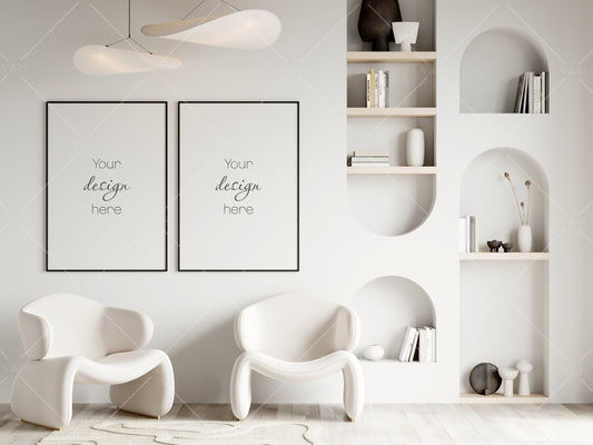 Two Posters Mockup, Frame Mockup in Modern Interior Room, PSD JPG