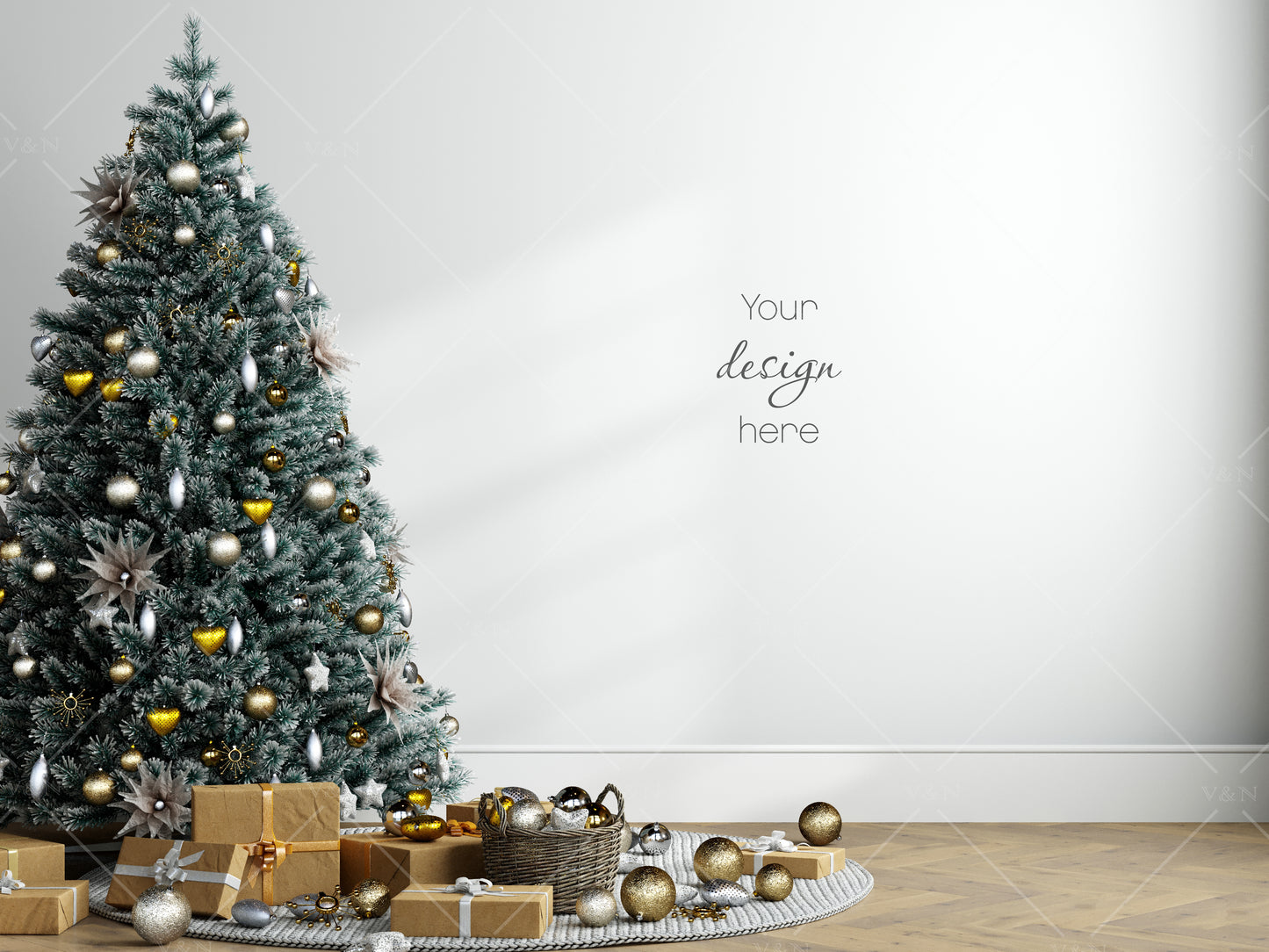 Christmas Interior Mockup, Empty Wall Mockup With Christmas Tree, Blank Wall Mockup, Living Room Wall Mockup, Wall Mockup