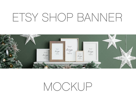 Christmas Gallery Frame Mockup, Etsy Shop Banner Mockup, White Frames Mockup, Frame Mockup Christmas, PSD JPG