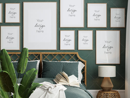 Gallery Wall Mockup in Bedroom Interior, Frame Mockup Bedroom, Poster Mockup, PSD JPG