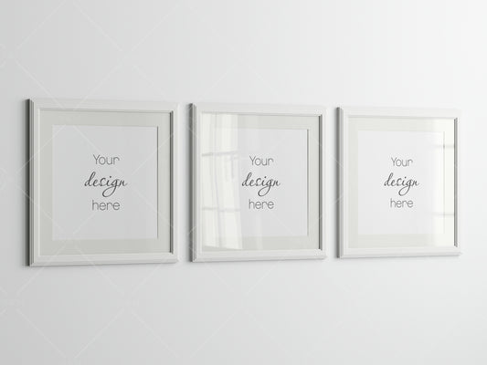 Three White Frames Mockup, Three Square Posters Mockup, Photo Frame Mockup, PSD JPG