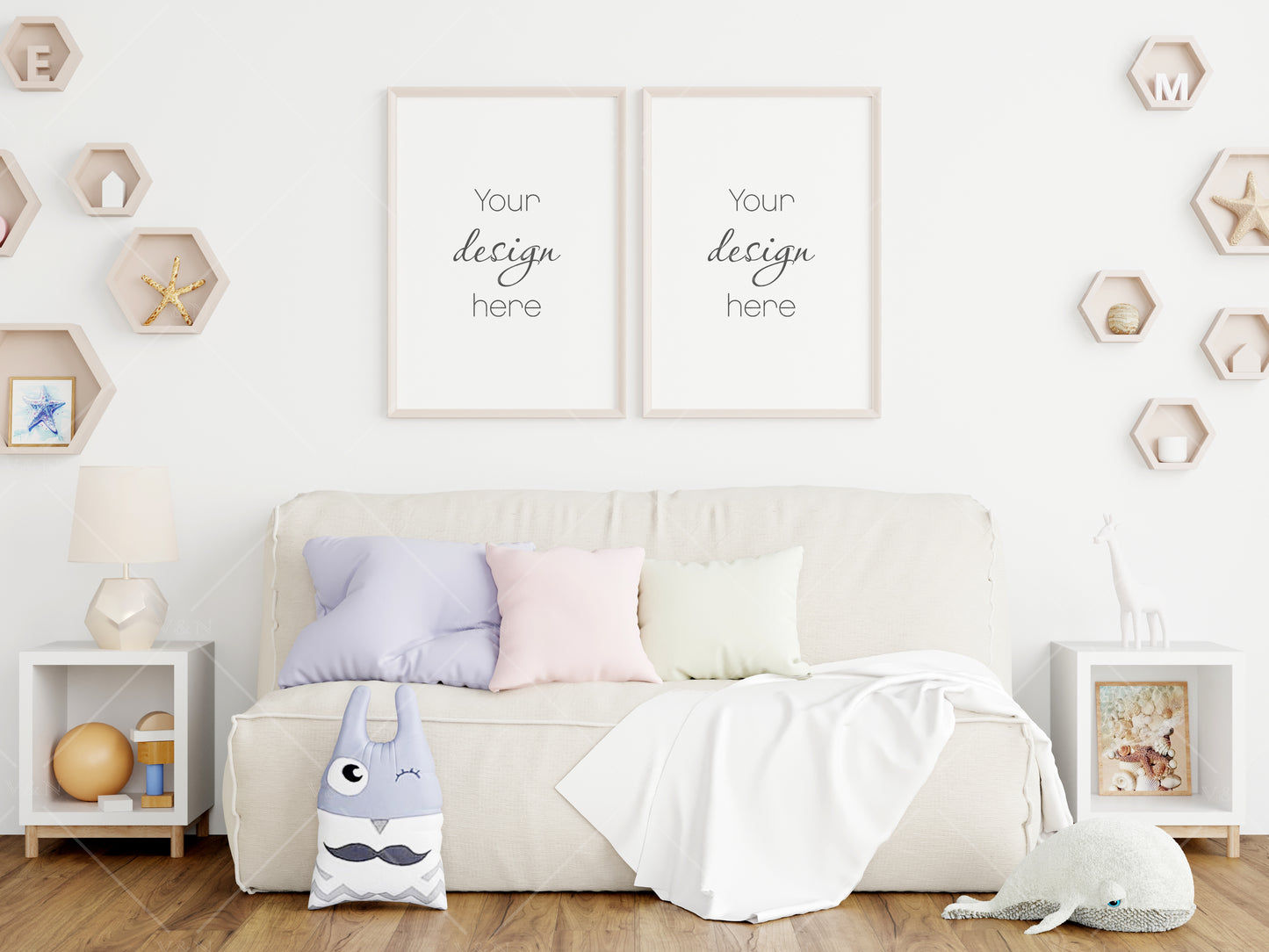 Nursery Frame Mockup, Modern Kids Room Frame Mockup, Portrait Frames Nursery Interior Wall Mockup, Minimalist Nursery Frame Mockup