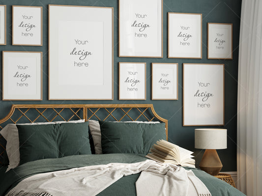 Frame Mockup Bedroom, Gallery Wall Mockup in Bedroom Interior, Poster Mockup, PSD JPG