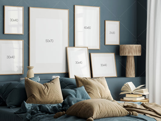 Gallery Wall Mockup in Bedroom Interior, Frame Mockup Bedroom, Poster Mockup, PSD JPG