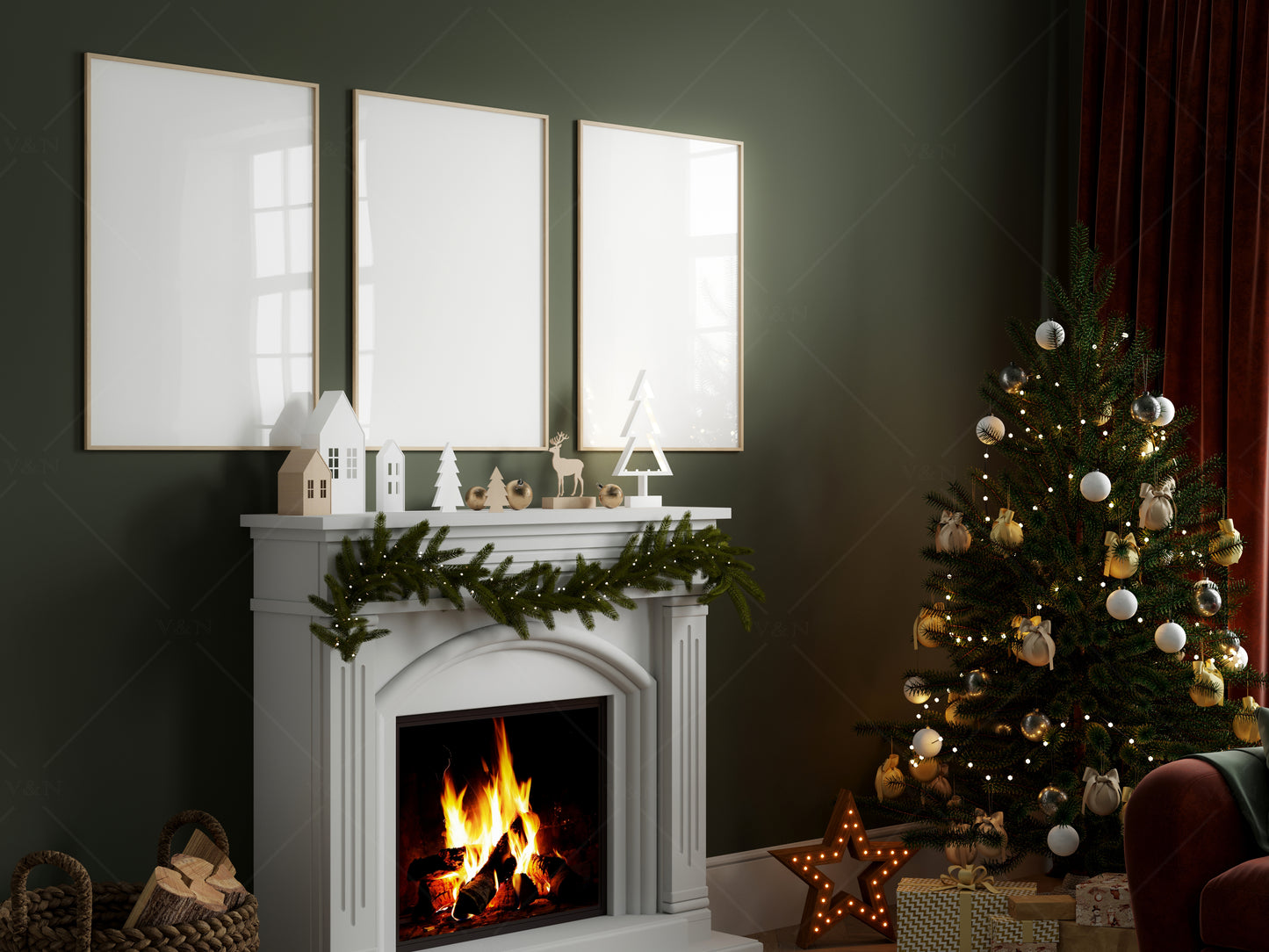 Christmas Poster Mockup, Frame Mockup A2, Gallery Wall Mockup, Three Frames in Christmas Living Room Interior, PSD JPG