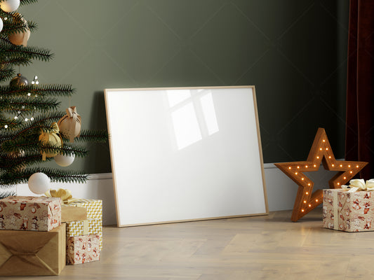 Christmas Frame Mockup A2, Horizontal Frame with Christmas Tree and gifts, PSD JPG