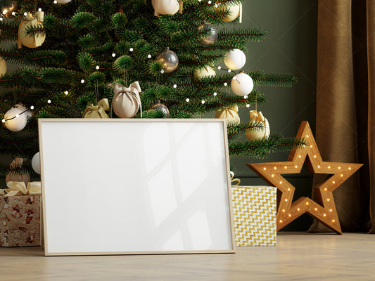 Christmas Frame Mockup A2, Horizontal Frame with Christmas Tree and gifts, PSD JPG