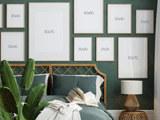 Gallery Wall Mockup in Bedroom Interior, Frame Mockup Bedroom, Poster Mockup, PSD JPG