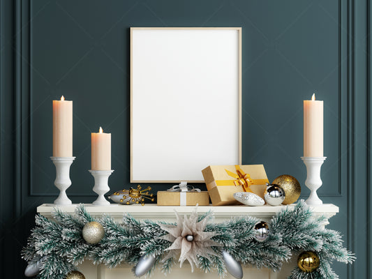 Christmas Frame Mockup A2, Frame Mockup Over Fireplace in Christmas Interior, PSD JPG