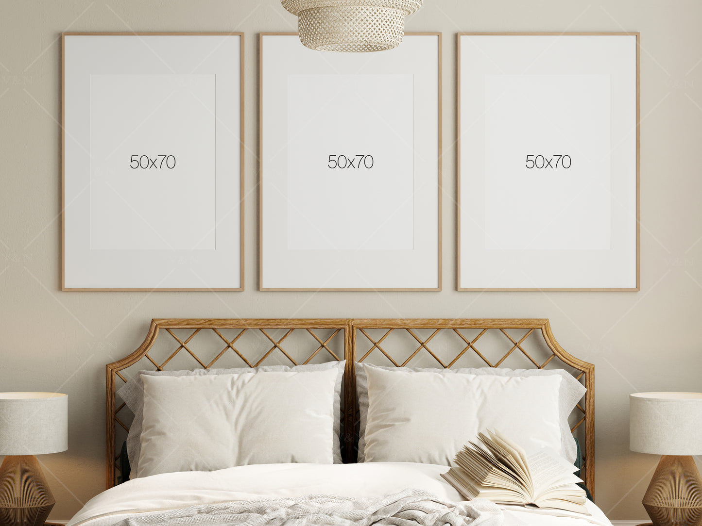 Frame Mockup in Boho Bedroom Interior, Poster Mockup, PSD JPG