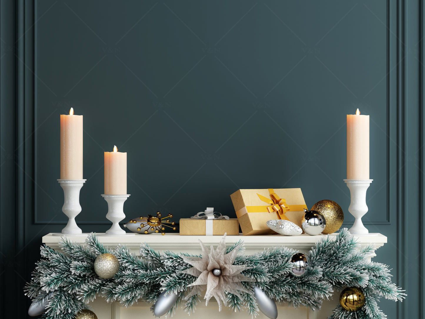 Christmas Blank Wall Mockup, Wall Mockup Over Fireplace in Christmas Interior, Modern Interior Wall Mockup, Living Room Wall Mockup