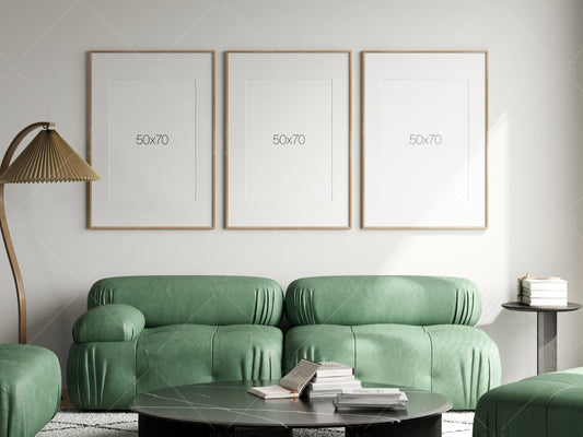 Three Posters Mockup, Frame Mockup in Modern Interior Room, PSD JPG