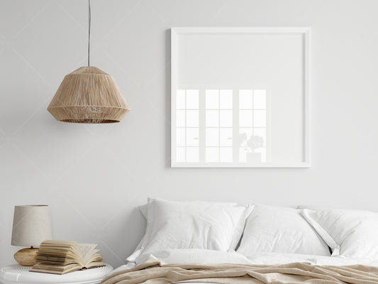 Square Frame Mockup in Modern Bedroom Interior, Poster Mockup, PSD JPG PNG