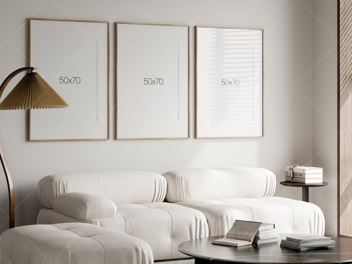 Three Posters Mockup, Frame Mockup in Modern Interior Room, PSD JPG