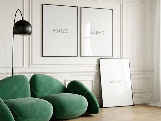Three Posters Mockup, Frame Mockup in Modern Interior Room, PSD JPG