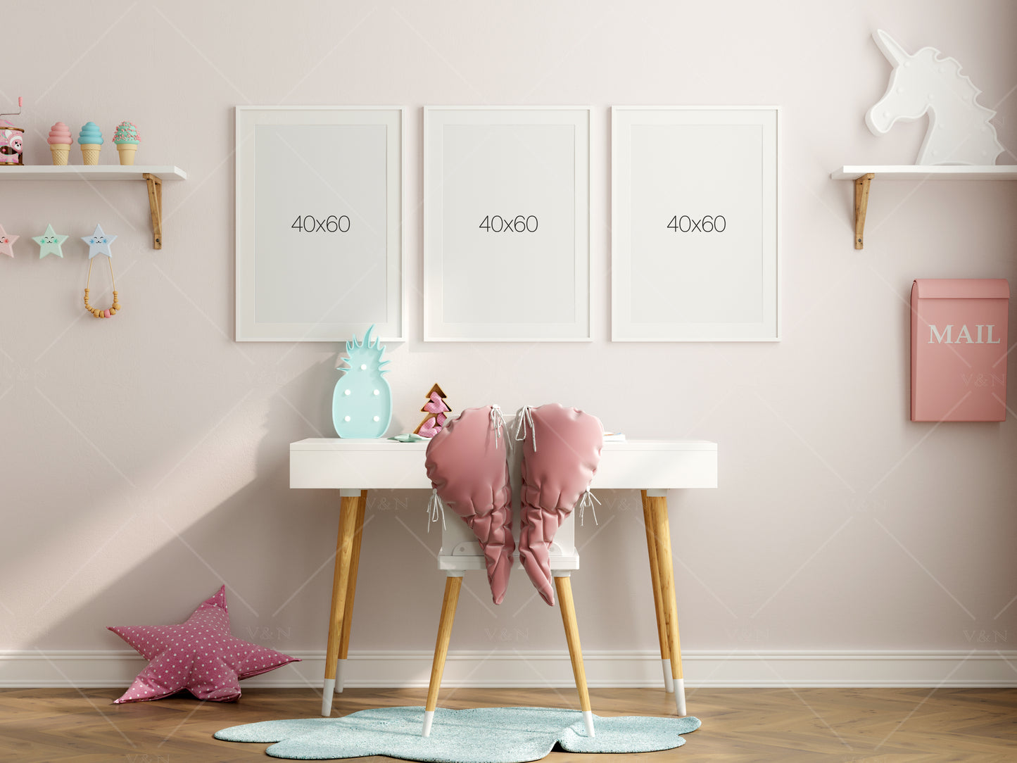 Girl Room Frame Mockup, Frame Mockup Kids Room, Gallery Wall Mockup in Modern Kids Room Interior