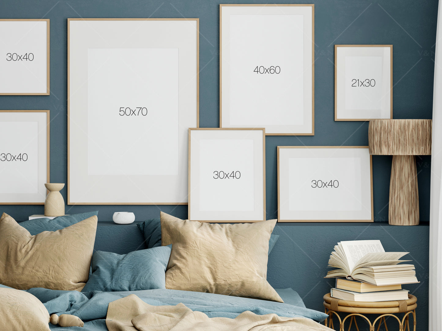 Gallery Wall Mockup in Bedroom Interior, Frame Mockup Bedroom, Poster Mockup, PSD JPG