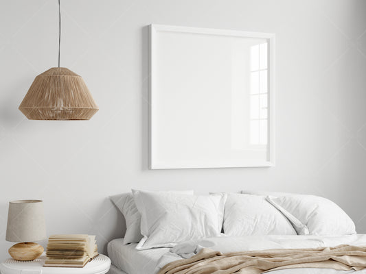 Square Frame Mockup in Modern Bedroom Interior, Poster Mockup, PSD JPG