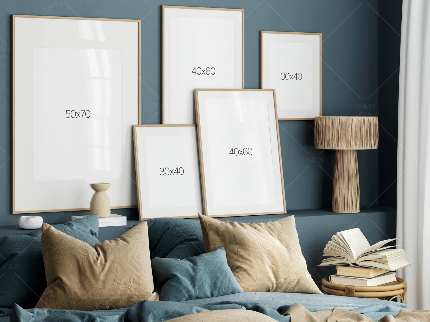 Gallery Wall Mockup in Bedroom Interior, Frame Mockup Bedroom, Poster Mockup, PSD JPG