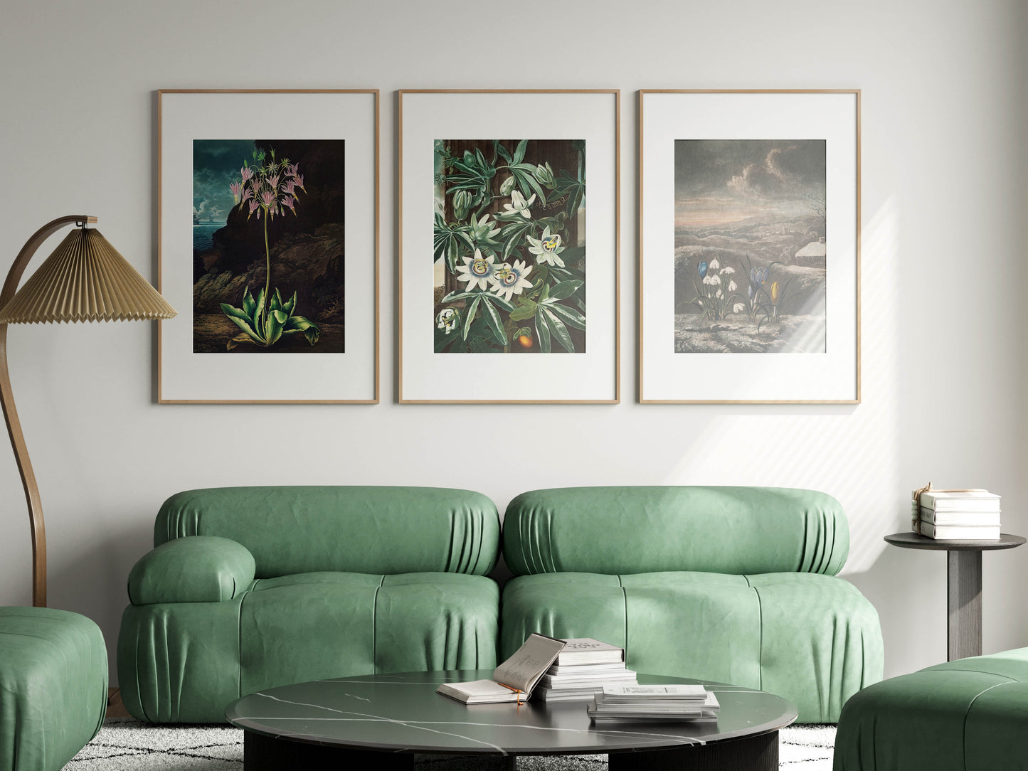 Three Posters Mockup, Frame Mockup in Modern Interior Room, PSD JPG