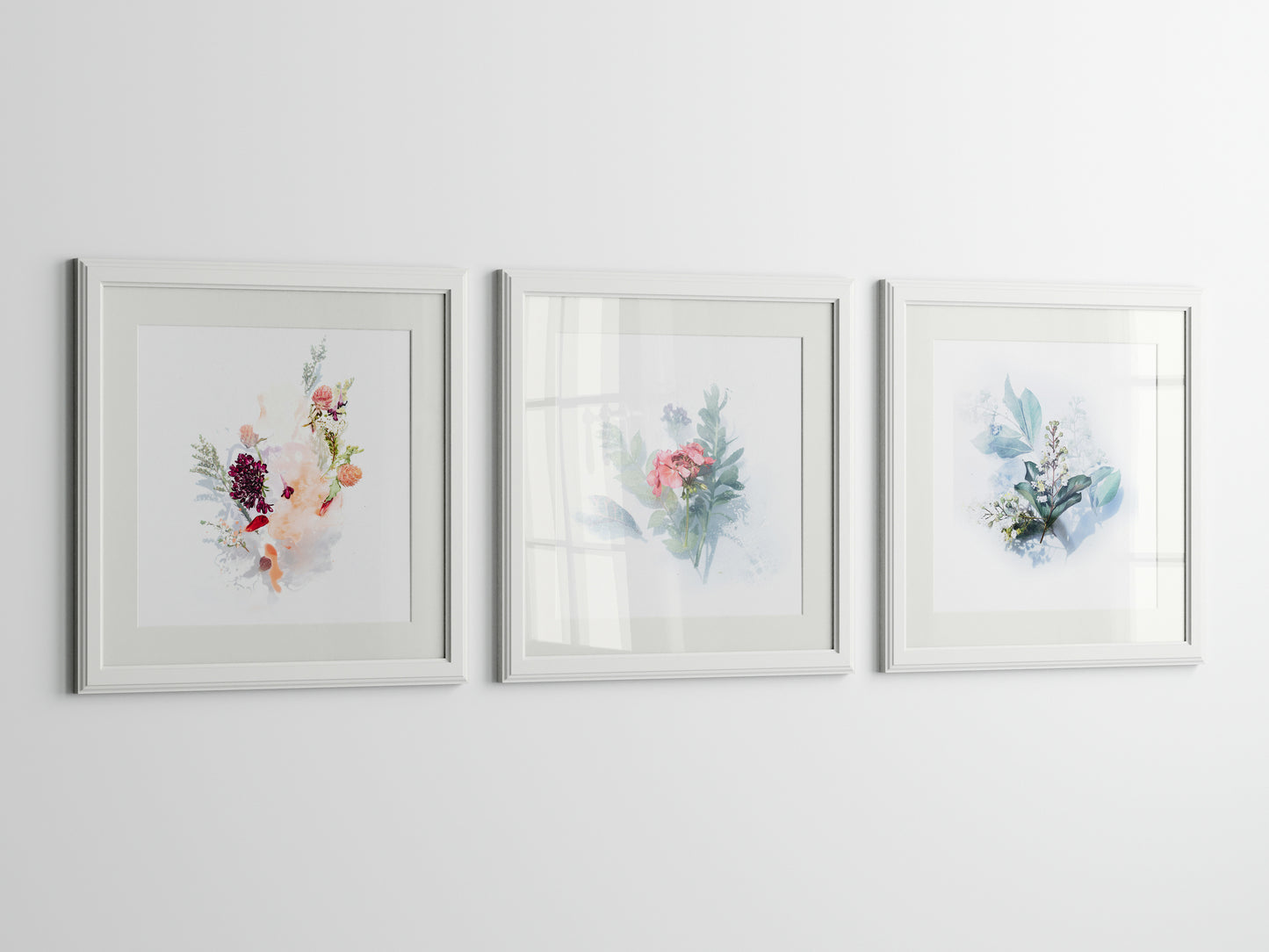 Three White Frames Mockup, Three Square Posters Mockup, Photo Frame Mockup, PSD JPG