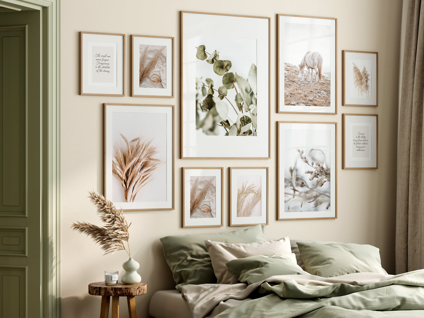 Frame Mockup Bedroom, Gallery Wall Mockup in Bedroom Interior, Poster Mockup, PSD JPG