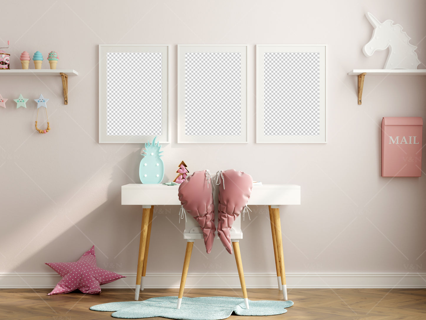 Girl Room Frame Mockup, Frame Mockup Kids Room, Gallery Wall Mockup in Modern Kids Room Interior