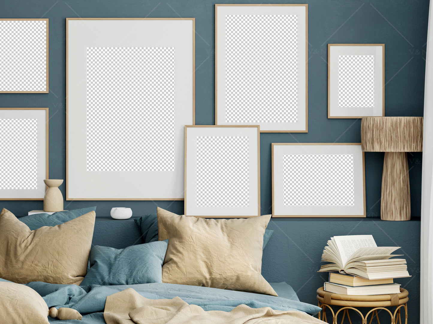 Gallery Wall Mockup in Bedroom Interior, Frame Mockup Bedroom, Poster Mockup, PSD JPG