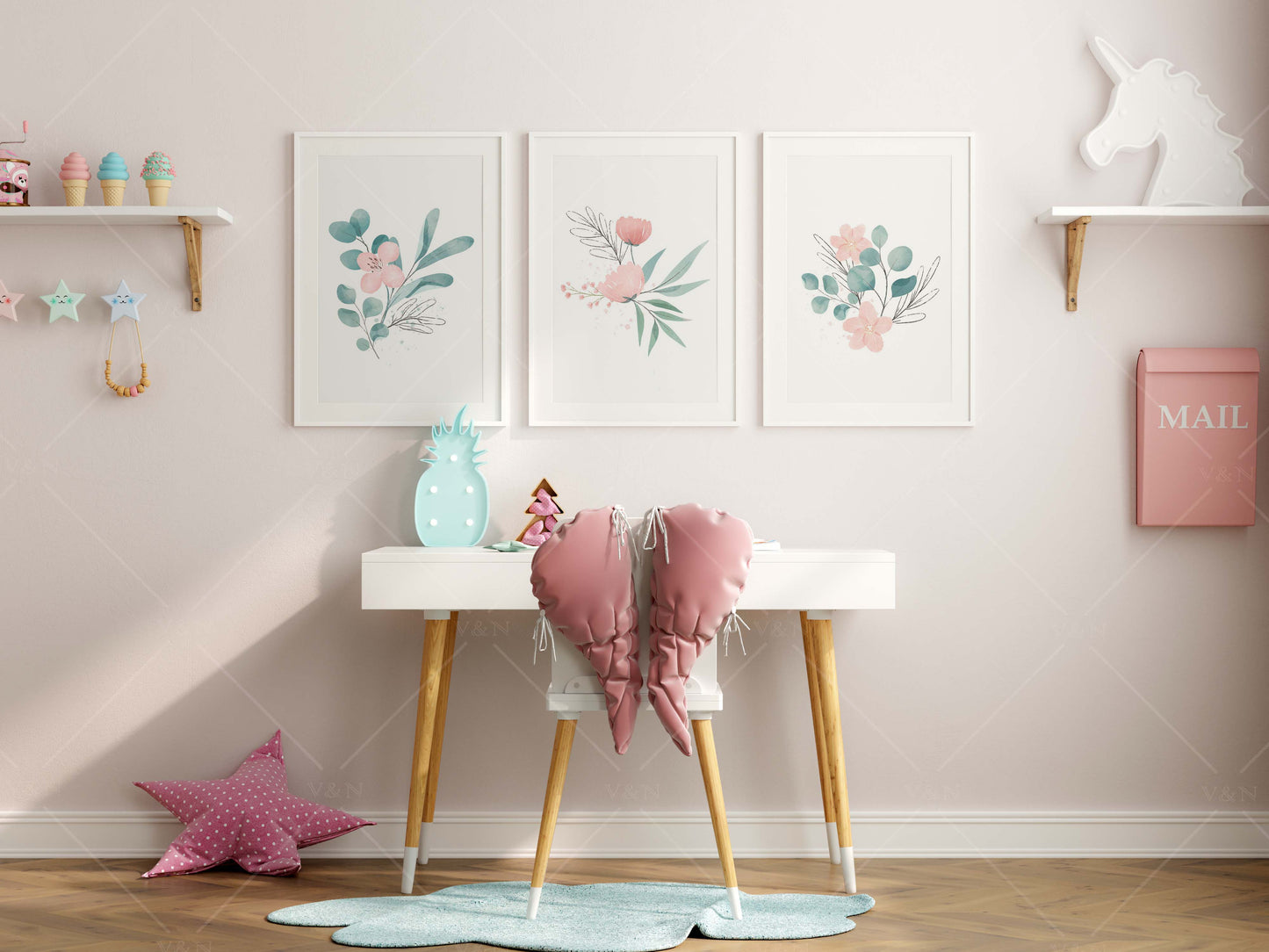 Girl Room Frame Mockup, Frame Mockup Kids Room, Gallery Wall Mockup in Modern Kids Room Interior