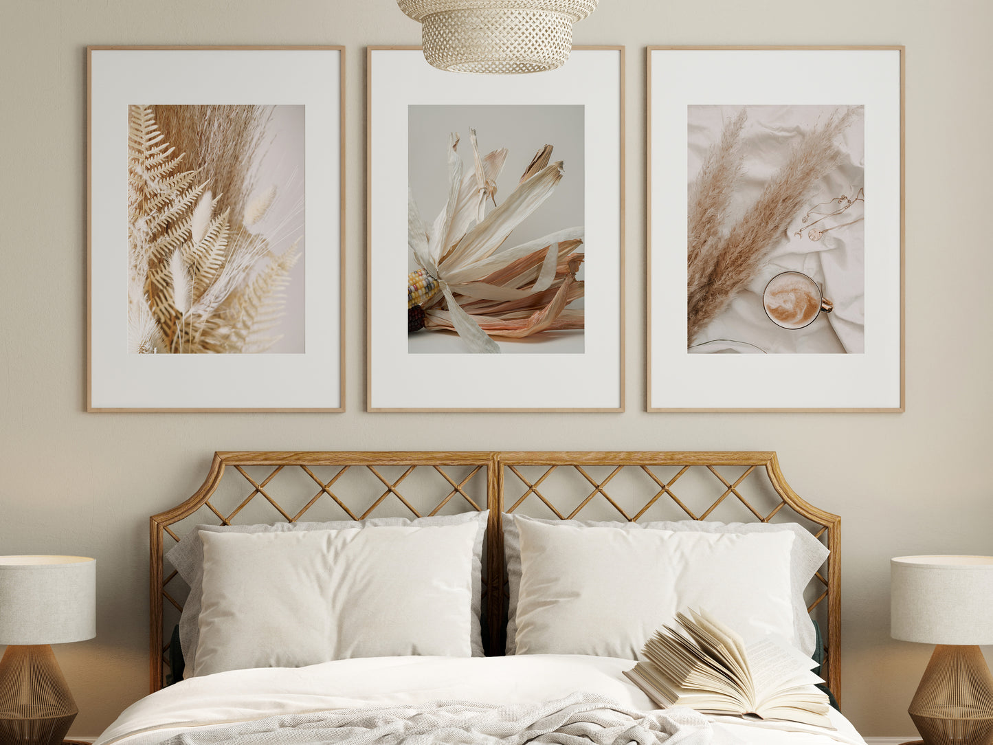 Frame Mockup in Boho Bedroom Interior, Poster Mockup, PSD JPG