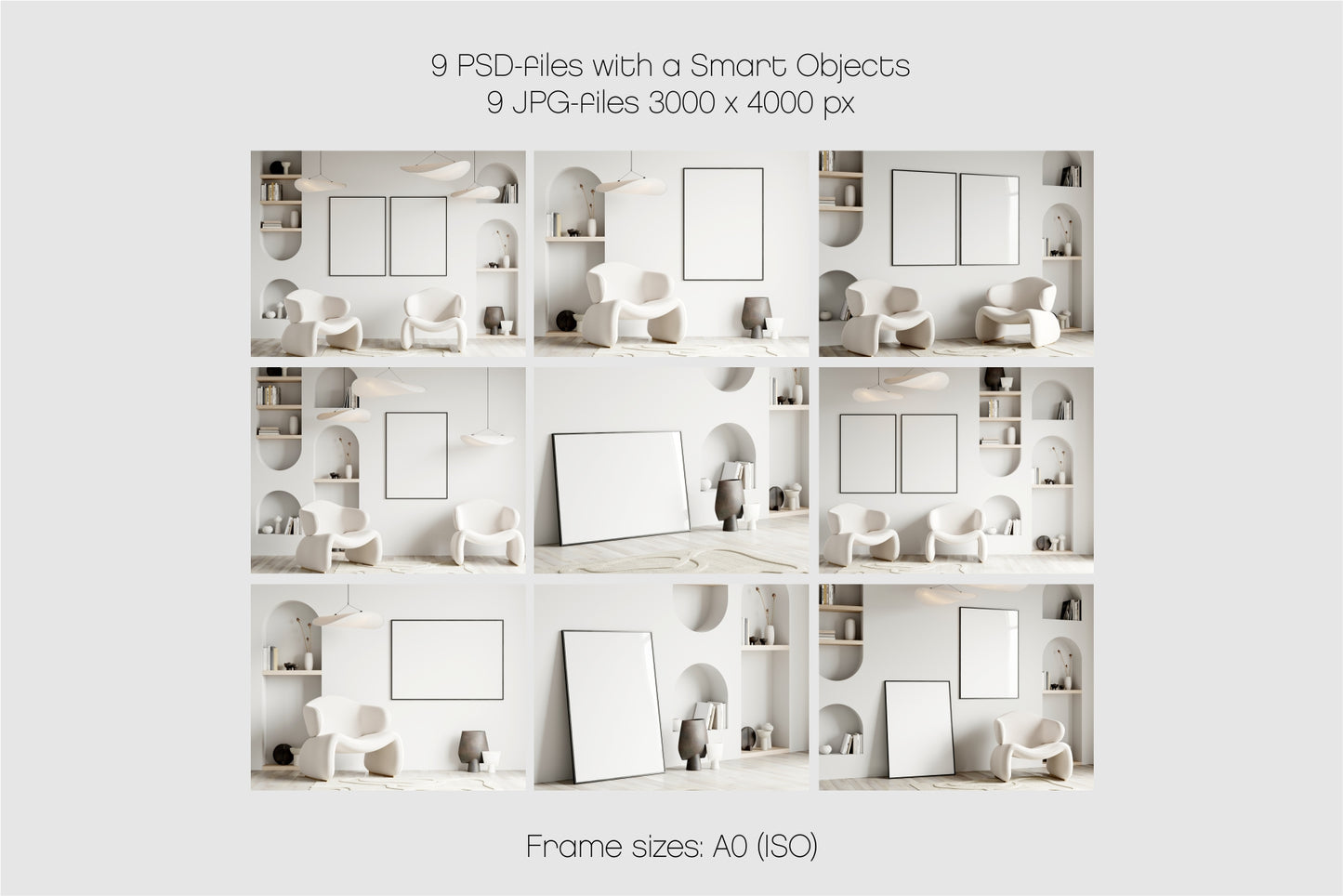 Frame Mockup Bundle in Modern Interior, PSD JPG, Poster Mockup Bundle Set, 9 Mockups