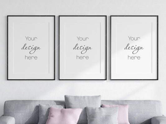 Living Room Frame Mockup, 3 Minimalist Frames Mockup, Three Vertical Black Frames Mockup A1, Vertical Frames Mockup, Frame Mockup for Print