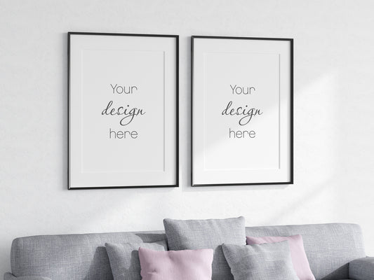 Lining Room Frame Mockup, 2 Minimalist Frames Mockup, Two Vertical Black Frames Mockup A1, Vertical Frames Mockup, Frame Mockup for Print