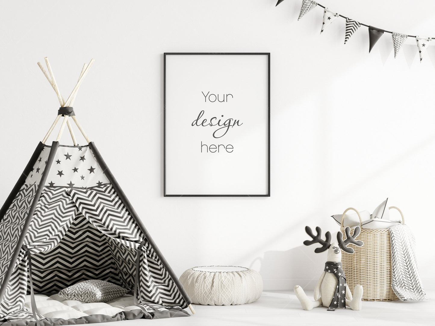 Nursery Frame Mockup, Scandinavian Kid's Room Frame Mockup, Portrait Frame Nursery Interior Mockup, Vertical Frame Mockup