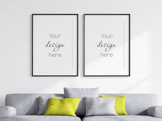 Living Room Frame Mockup, 2 Minimalist Frames Mockup, Two Vertical Black Frames Mockup A1, Vertical Frames Mockup, Frame Mockup for Print