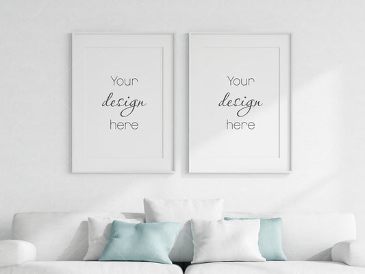 Living Room Frame Mockup, 2 Minimalist Frames Mockup, Two Vertical White Frames Mockup A1, Vertical Frames Mockup, Frame Mockup for Print