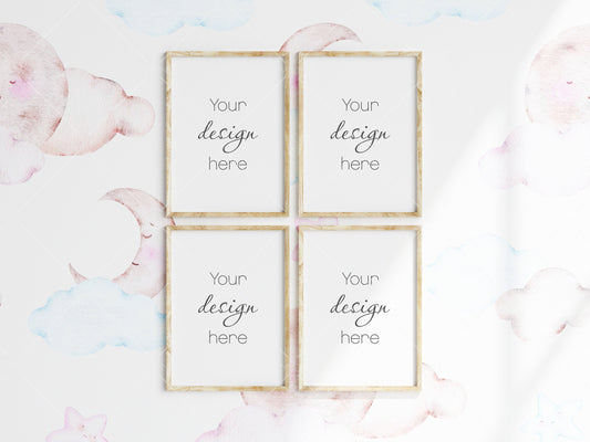 Nursery Frame Mockup, Modern Kid's Room Frame Mockup, 4 Portrait Frame Nursery Interior Wall Mockup, Four Minimalist Nursery Frame Mockup