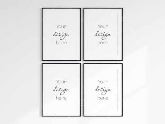 4 Minimalist Frame Mockup, Four Vertical Black Frame Mockup, Poster Mockup, Portrait Frame Mockup, Frame Mockup for Print, JPG PNG PSD