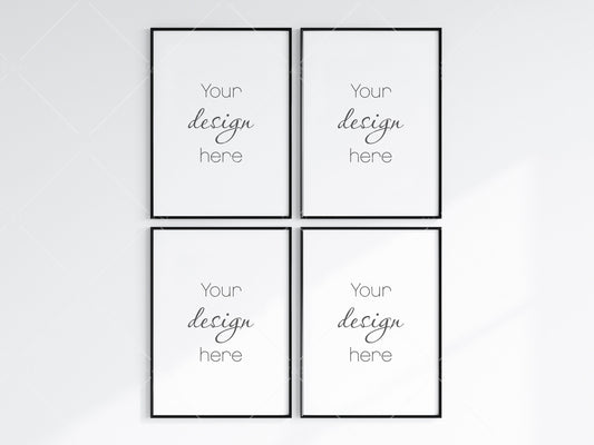 4 Minimalist Frame Mockup, Four Vertical Black Frame Mockup, Poster Mockup, Portrait Frame Mockup, Frame Mockup for Print, JPG PNG PSD