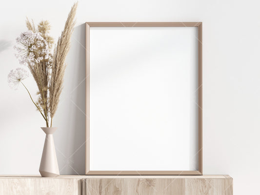 Living Room Frame Mockup, Minimalist Frame Mockup, Vertical Wooden Frame Mockup 3:4 ratio, Frame Mockup With Dry Plant, PSD JPG PNG