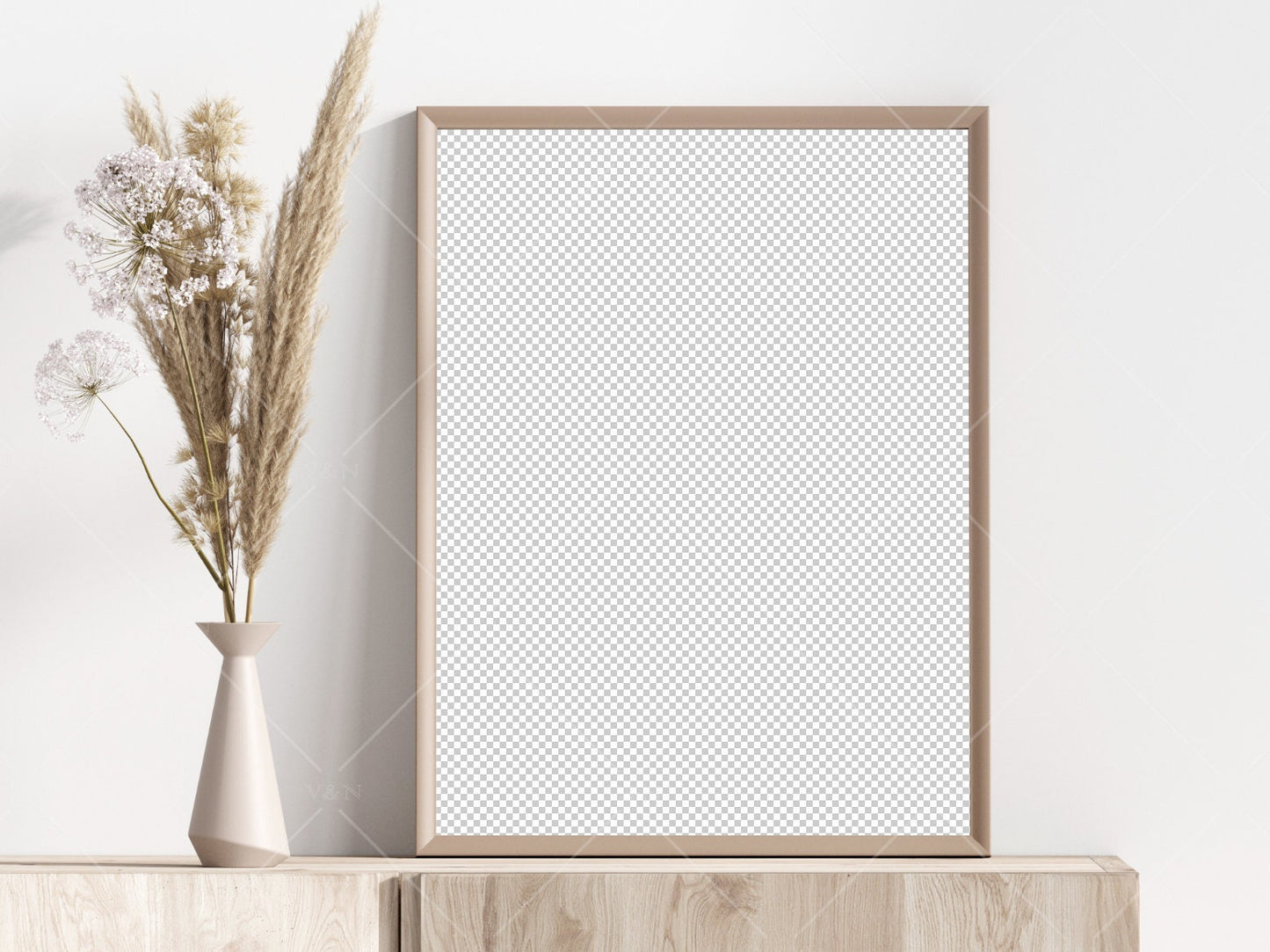 Living Room Frame Mockup, Minimalist Frame Mockup, Vertical Wooden Frame Mockup 3:4 ratio, Frame Mockup With Dry Plant, PSD JPG PNG