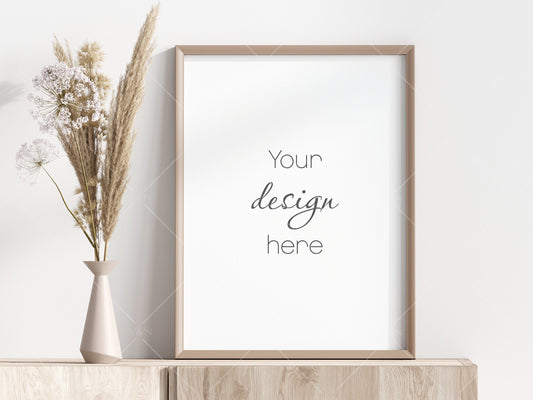 Living Room Frame Mockup, Minimalist Frame Mockup, Vertical Wooden Frame Mockup 3:4 ratio, Frame Mockup With Dry Plant, PSD JPG PNG