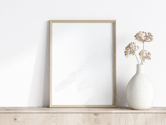 Living Room Frame Mockup, Minimalist Frame Mockup, Vertical Wooden Frame Mockup 3:4 ratio, Frame Mockup With Dry Plant, PSD JPG PNG