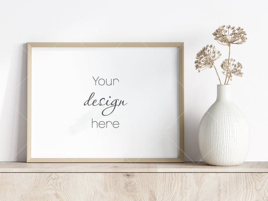 Living Room Frame Mockup, Minimalist Frame Mockup, Horizontal Wooden Frame Mockup 3:4 ratio, Frame Mockup With Dry Plant, PSD JPG PNG